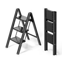 heyarun Three Steps Folding Metal Ladder - Heavy-Duty Safety Ladder with Anti-Slip Steps